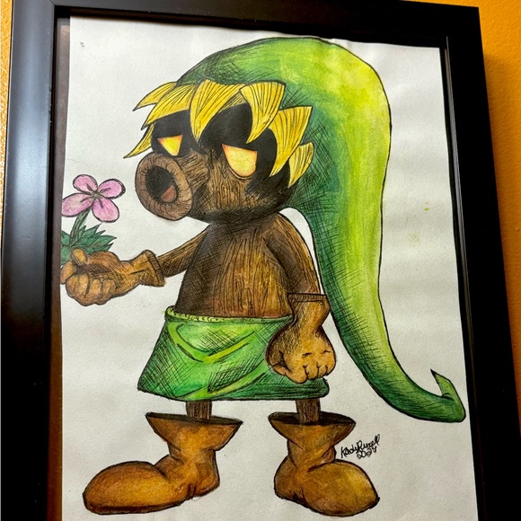 Deku Link with Flower - coloured pencil and ink - Picture 1 of 2